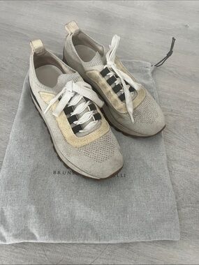 Brunello Cucinelli Beige and Gold Knit Lace-Up Sneakers